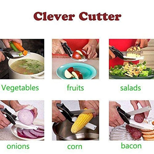 2-in-1 Steel Smart Clever Cutter Knife slicing various foods including fruits, salad, bacon, and corn on its built-in chopping board.